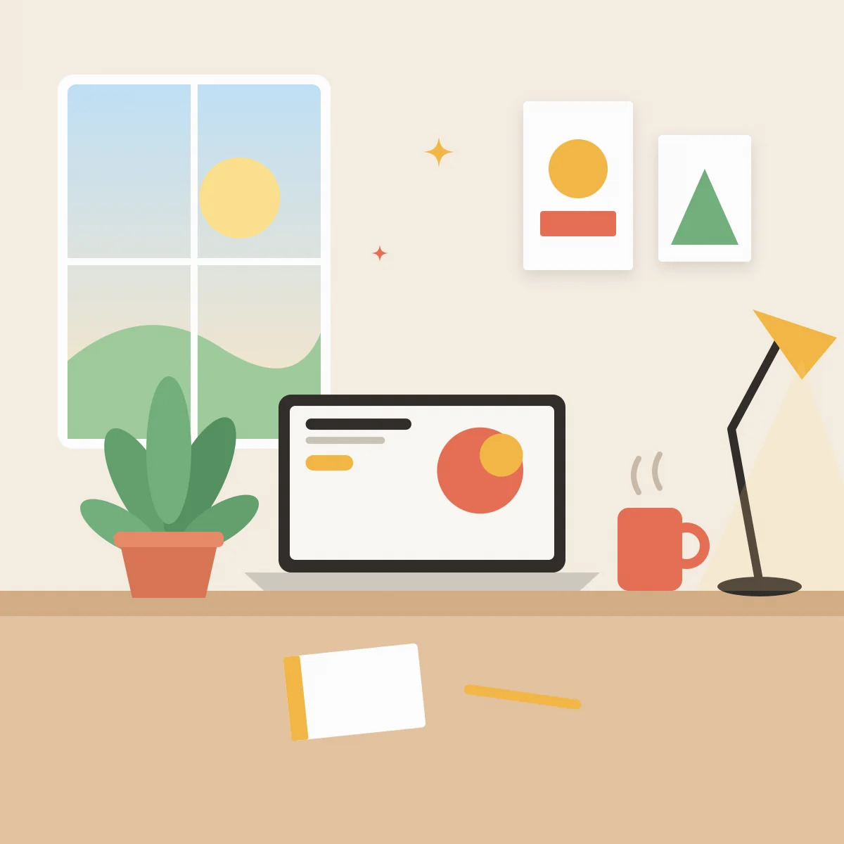 A bright studio desk with plants, a lamp and a laptop